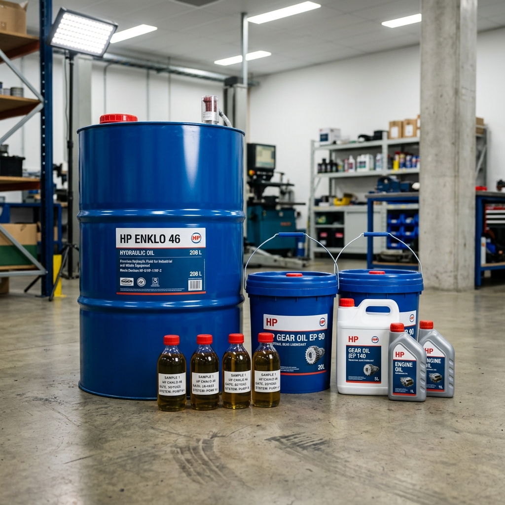 HP Industrial lubricants barrels and oil containers